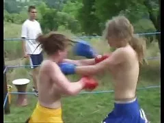 Topless college cheerleader boxning